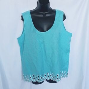 Bob Mackie Aqua Scoop Neck Tank with Eyelet Hem